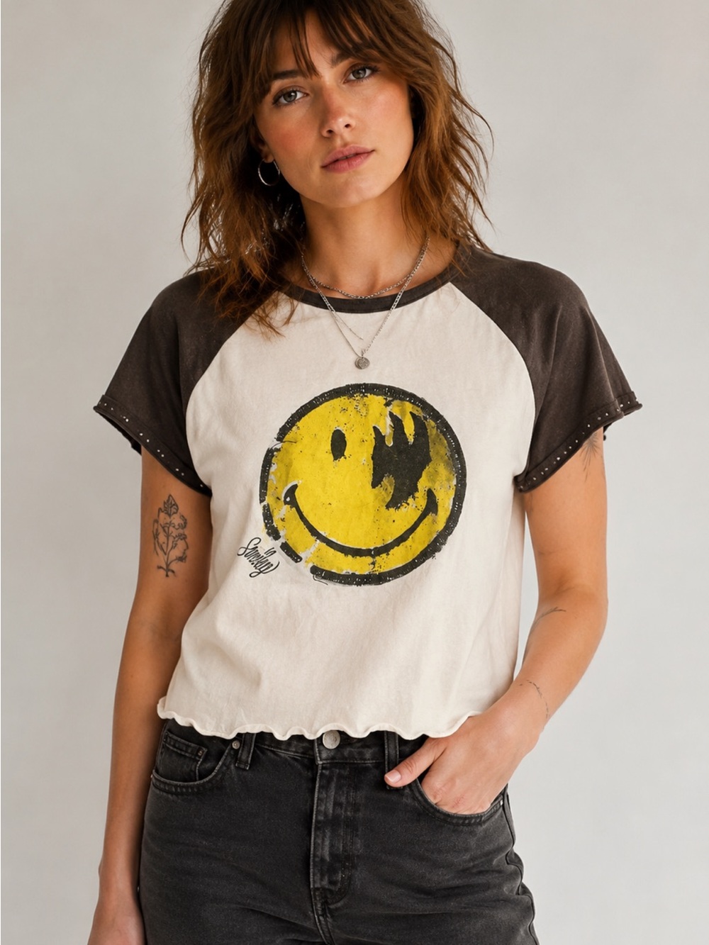 Vintage-Inspired Smiley Raglan Tee - Cream & Black